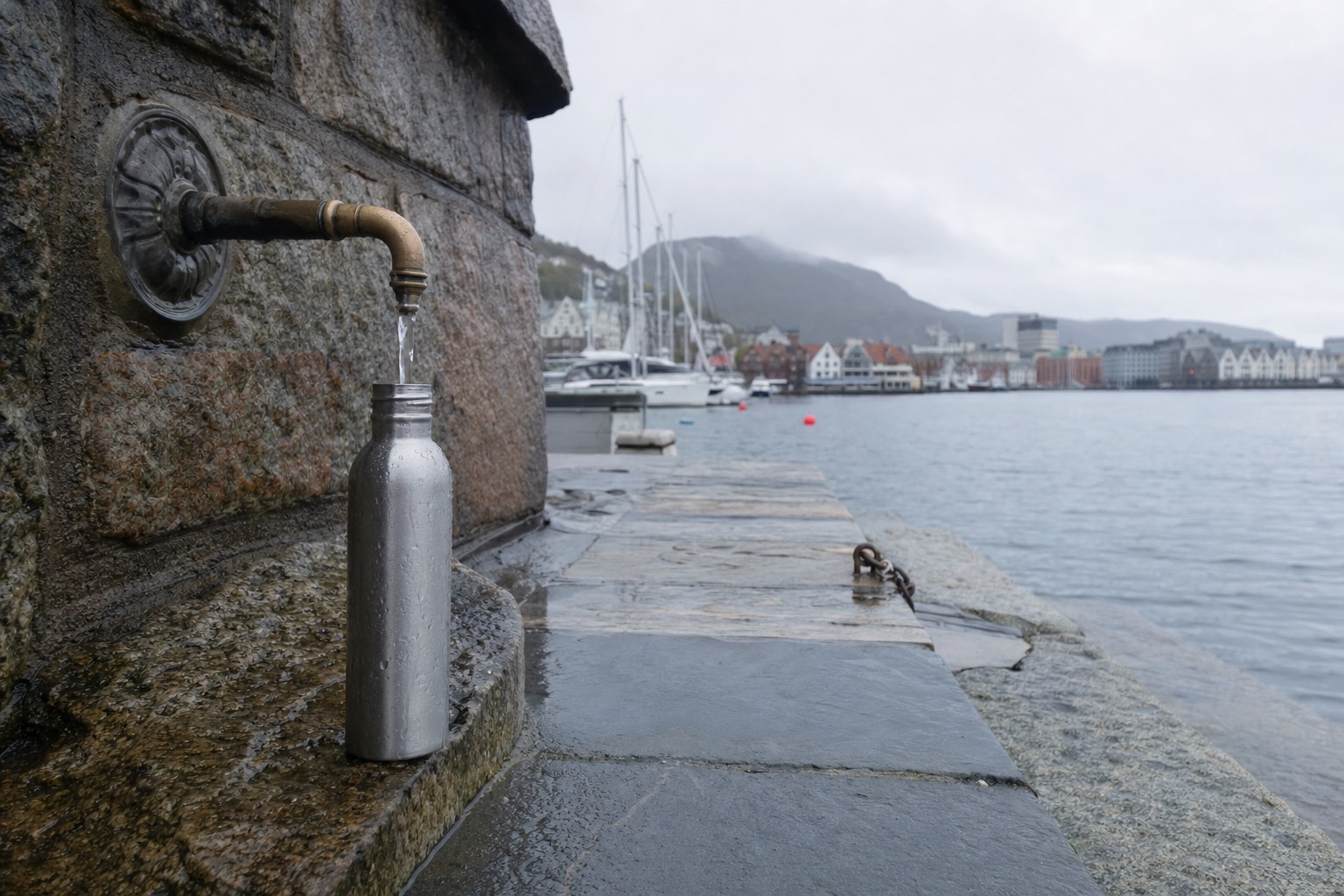 Reusable water bottle being filled from a public tap beside a stone quay in a Norwegian harbour