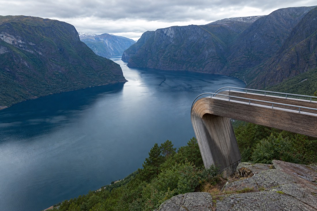The Stegastein viewpoint platform jutting over Aurlandsfjord, 650 meters above deep blue water