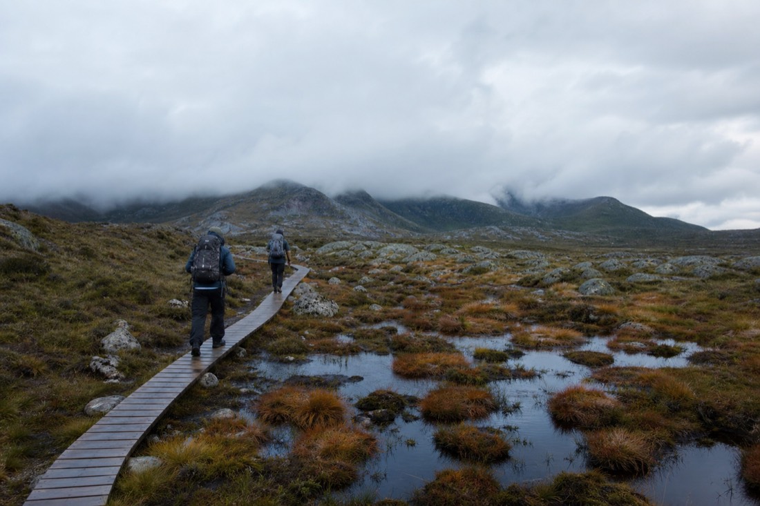 Hikers with backpacks on a wooden boardwalk crossing wet moorland toward a cloud-covered ridge