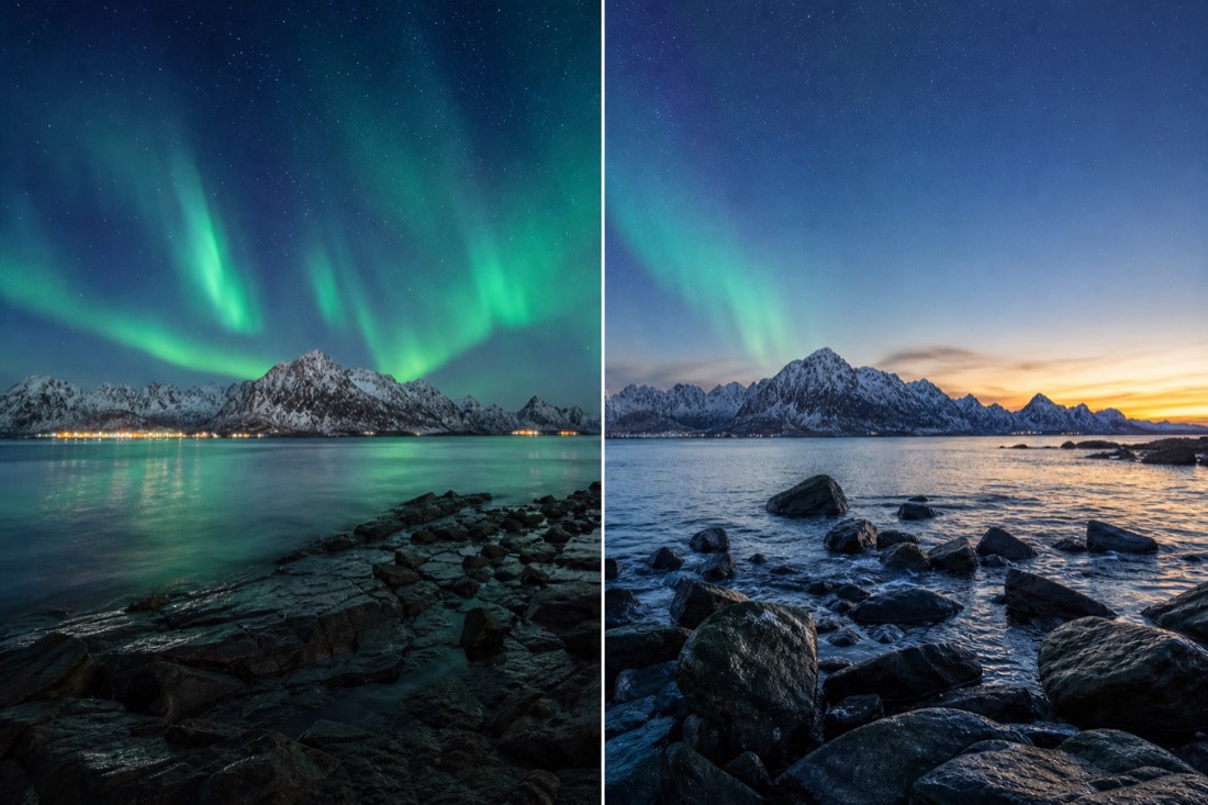 Split Arctic landscape scene showing a bright summer night sky over the same coastal mountains