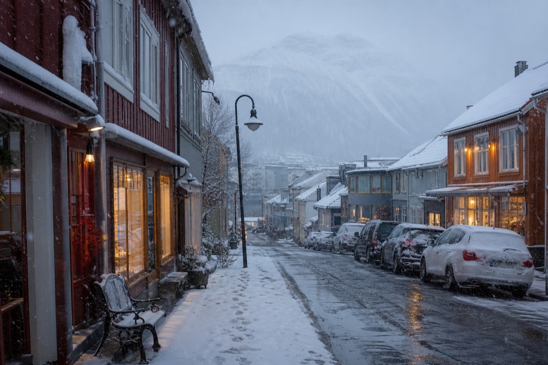 Snow-lined Tromsø street with wooden shopfronts, warm window light and parked cars under fresh snowfall